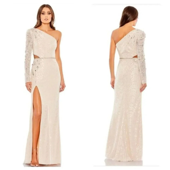 Mac Duggal EMBELLISHED ONE SLEEVE CUT OUT GOWN Sz 8 - Picture 1 of 12